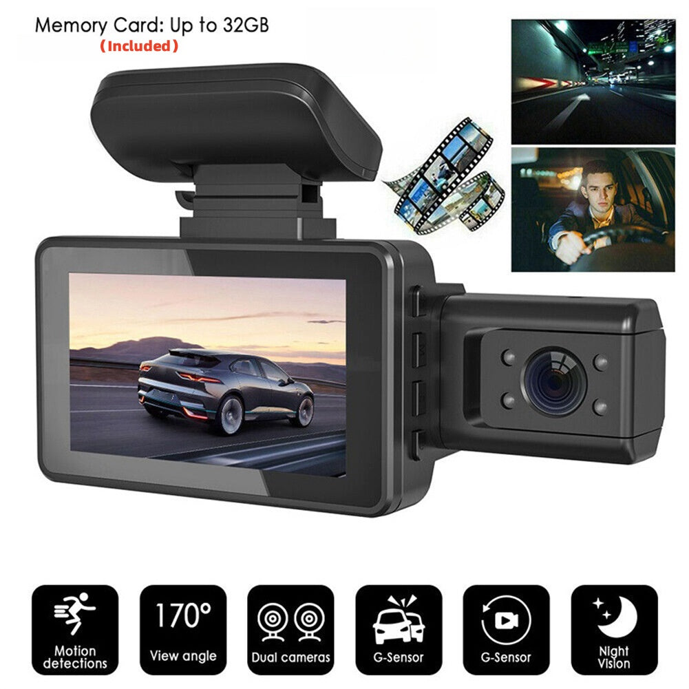 3-Inch Dual Lens Car Dash Cam - On-Dash Cameras with Front and Inside Recording, Night Vision, Wide Angle, Loop Recording, and G-Sensor - Vehicle Black Box for Safe Driving