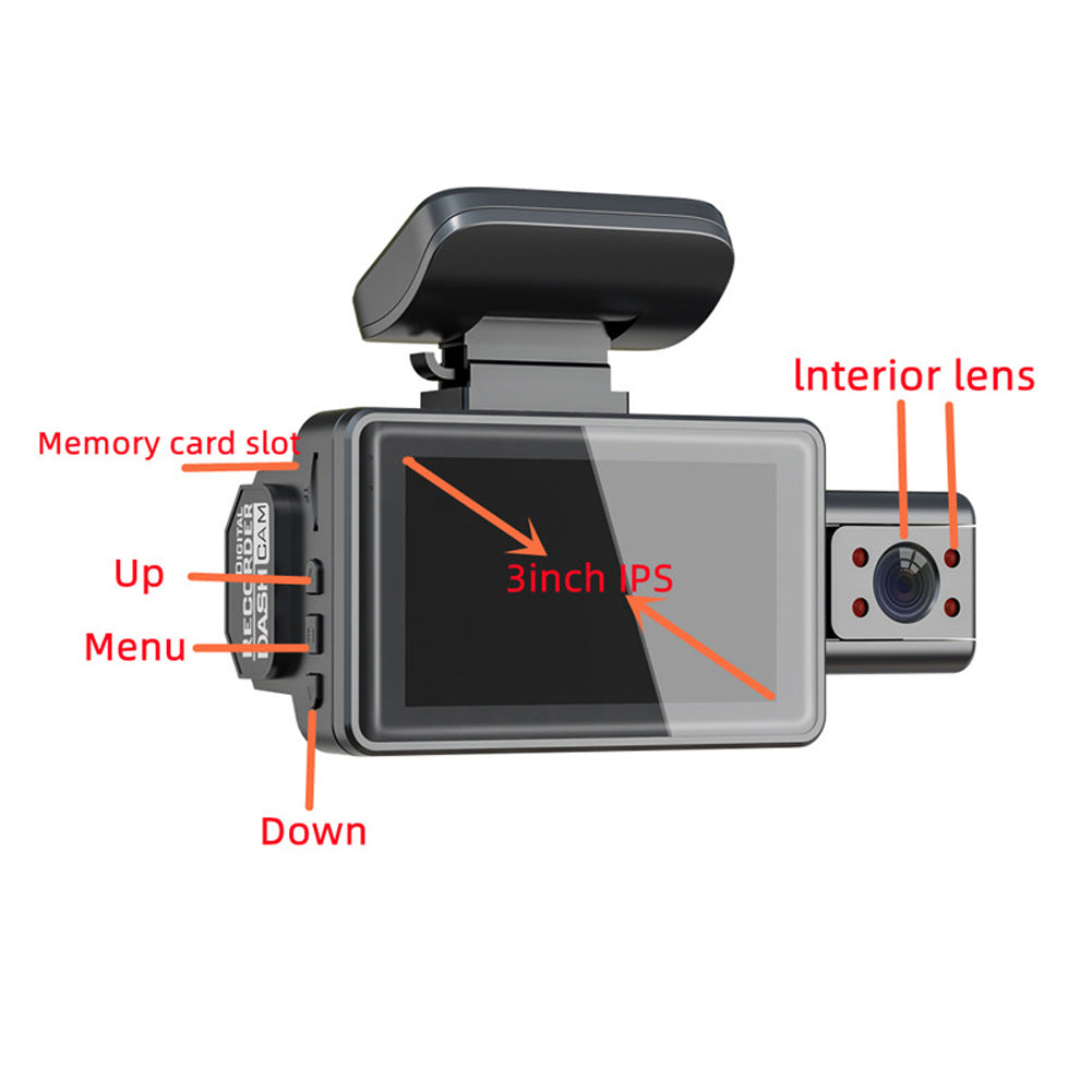 3-Inch Dual Lens Car Dash Cam - On-Dash Cameras with Front and Inside Recording, Night Vision, Wide Angle, Loop Recording, and G-Sensor - Vehicle Black Box for Safe Driving