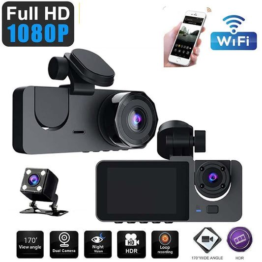 3 Channel Dash Cam, 1080P Dash Cam Front ,Inside and Rear with 32GB Card, Dash Cam with IR Night Vision, Dash Camera With Loop Recording, HDR, G-Sensor, 24Hr Parking,Front Rear Dash Cam Loop