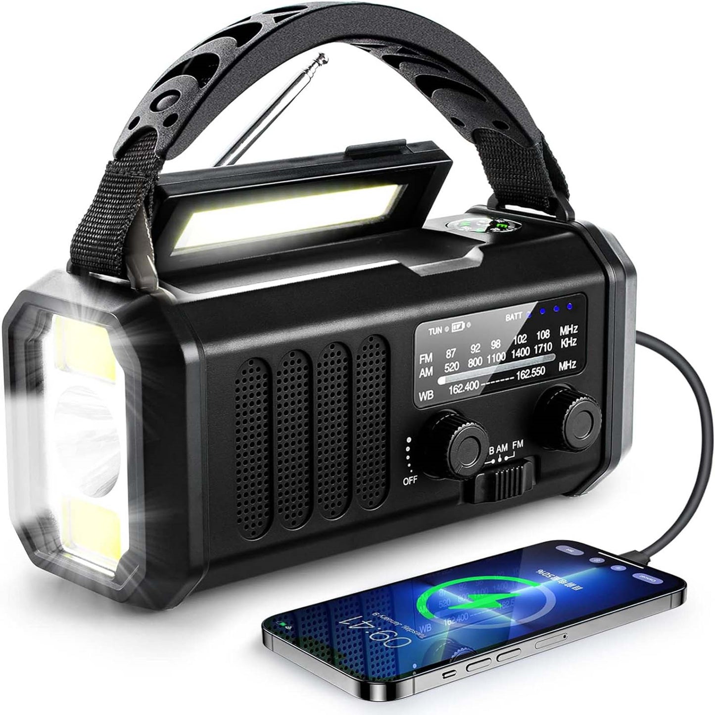 Emergency Solar-Powered Hand NOAA Weather Flashlight SOS Alarm Phone Charger Waterproof Batteries Audio Powered Radio crank 10000mAh