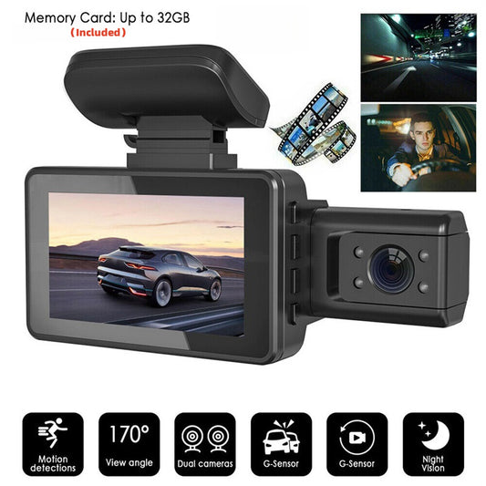 3-Inch Dual Lens Car Dash Cam - On-Dash Cameras with Front and Inside Recording, Night Vision, Wide Angle, Loop Recording, and G-Sensor - Vehicle Black Box for Safe Driving
