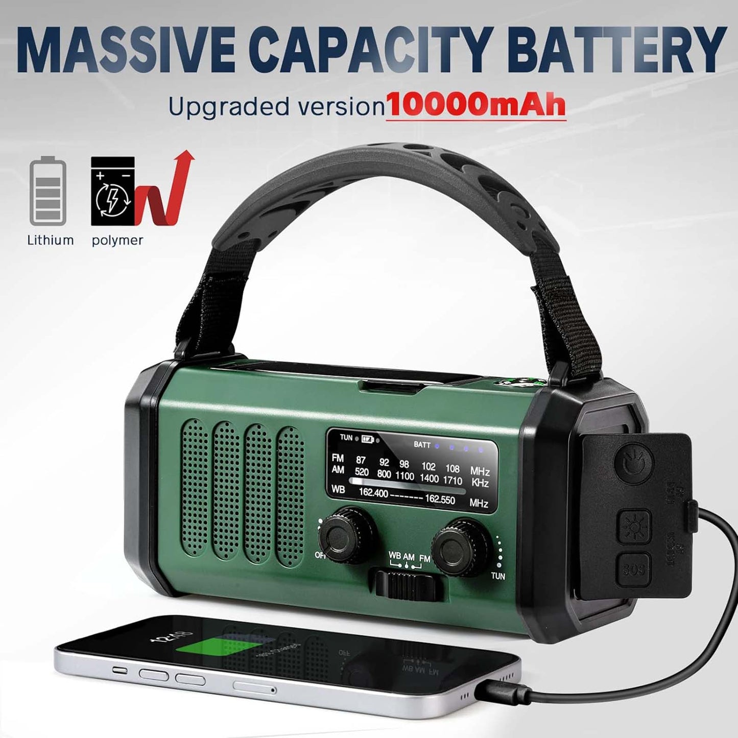 Emergency Solar-Powered Hand NOAA Weather Flashlight SOS Alarm Phone Charger Waterproof Batteries Audio Powered Radio crank 10000mAh