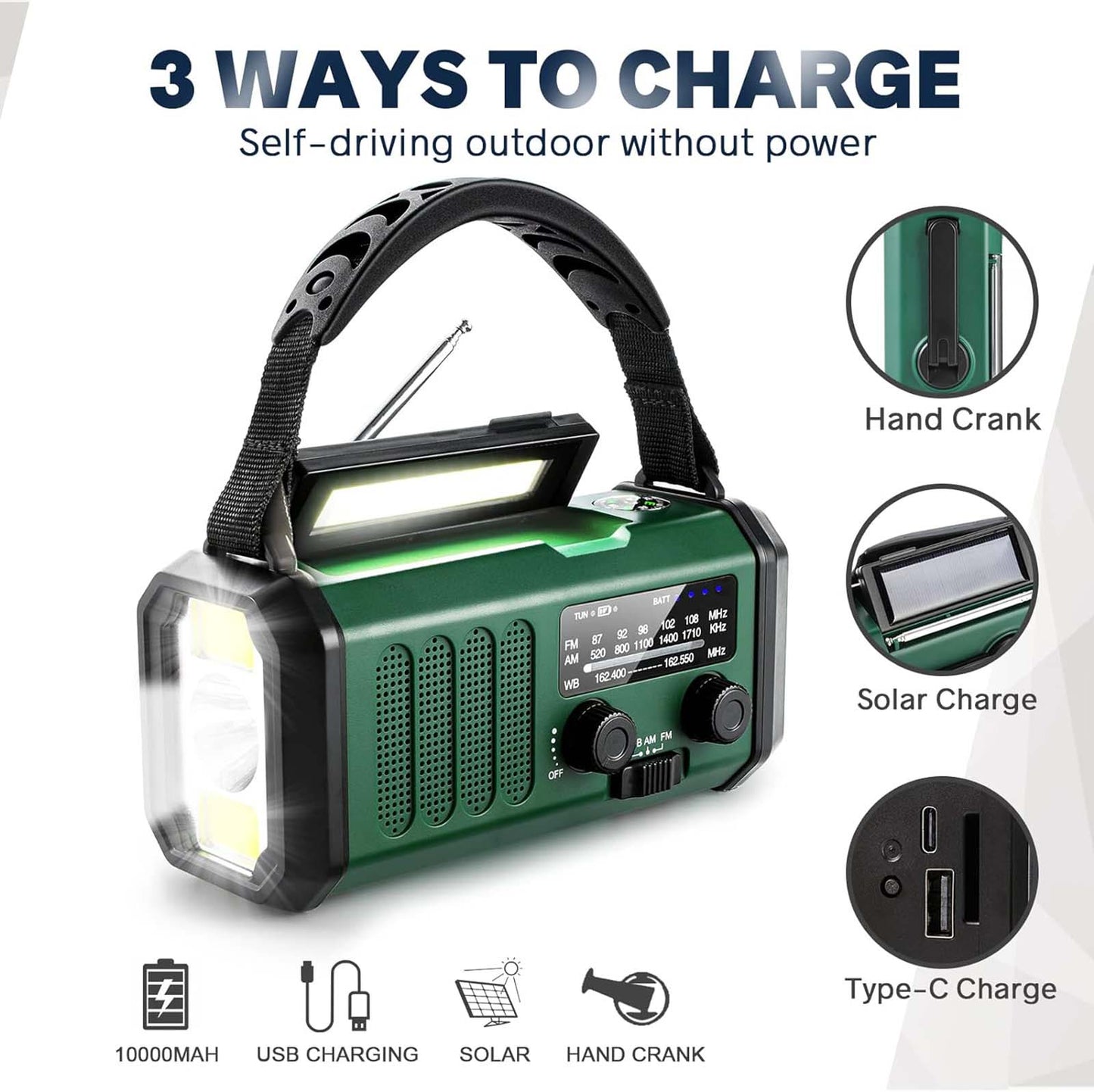 Emergency Solar-Powered Hand NOAA Weather Flashlight SOS Alarm Phone Charger Waterproof Batteries Audio Powered Radio crank 10000mAh
