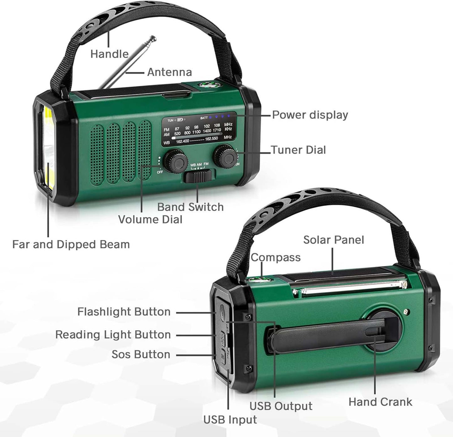 Emergency Solar-Powered Hand NOAA Weather Flashlight SOS Alarm Phone Charger Waterproof Batteries Audio Powered Radio crank 10000mAh
