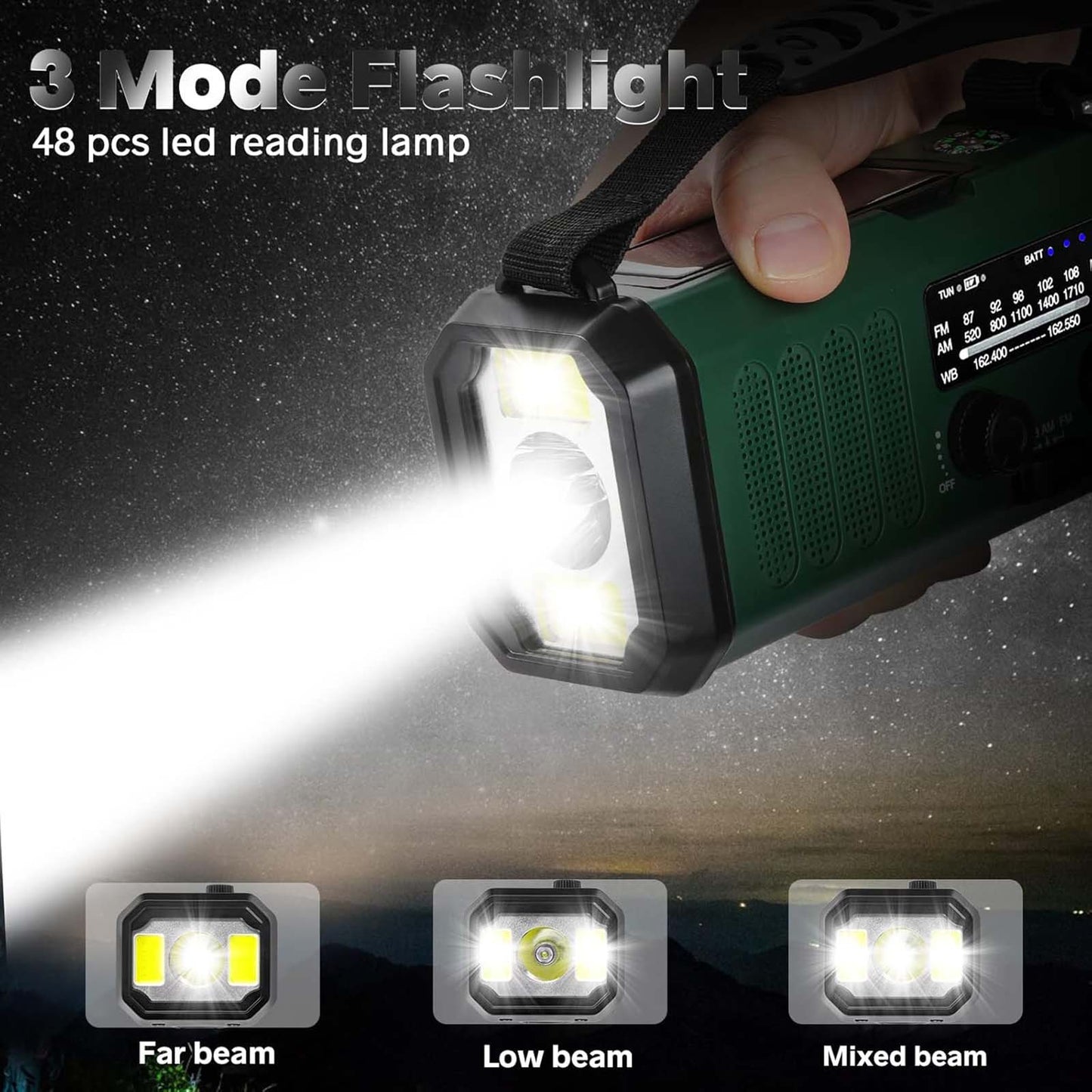 Emergency Solar-Powered Hand NOAA Weather Flashlight SOS Alarm Phone Charger Waterproof Batteries Audio Powered Radio crank 10000mAh